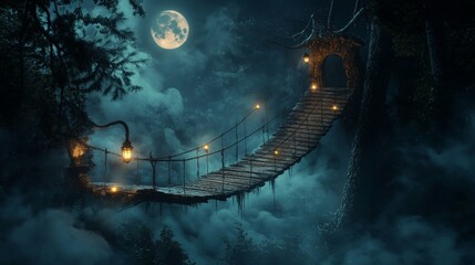 Wall Mural - Enchanted bridge under a full moon in a mystical forest
