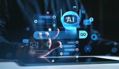 Futuristic chatbot interface with AI technology concept visualized on digital screen with glowing blue icons and prompts over dark blurred background.
