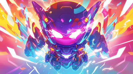 rainbow-themed chibi robot glowing with multicolor