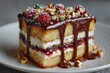 © DreamScape007 - Gourmet Chocolate Drip Cake Slice with Berries, Hazelnuts and Cream Layers