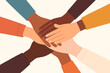 © Maria - Diverse hands together in unity. Teamwork and collaboration concept. People with different skin colors supporting each other. Racial equality and community partnership.