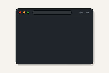 Dark mode browser window vector illustration. Blank web page mockup for website design. Simple, flat computer screen frame with search bar. Empty internet browser template.