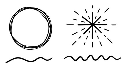 Wall Mural - Unique hand drawn doodle elements for creative design, circle, wave, starburst in black and white