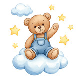 Cute teddy bear waving from a cloud with stars isolated on transparent background
