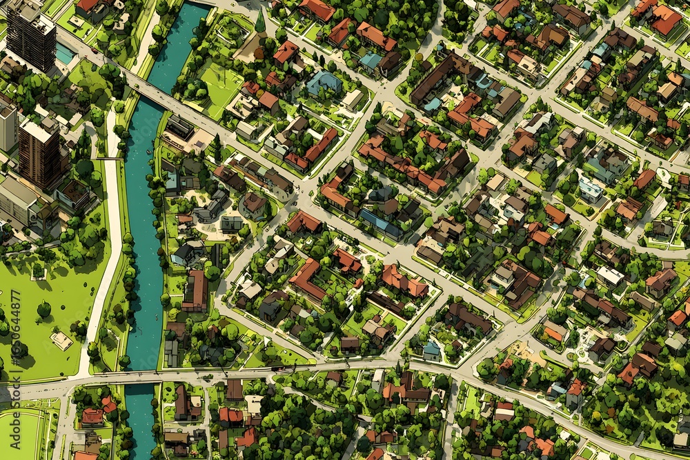 Township layout with detailed roads and structures on a digital map for ...