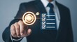 © PFU - Businessman pointing at a glowing target with an arrow hitting the bullseye, representing business goals and success