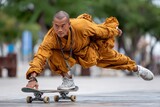 Skateboarding monk demonstrates balance and skill in urban environment during sunny day