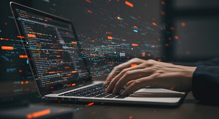 Software Developer Coding on Laptop with Abstract Data Visualization