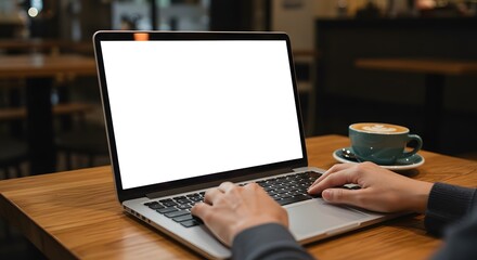 working on laptop with coffee - blank screen for mockup