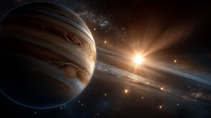 Wall Mural - cosmic symphony: an awe-inspiring depiction of a giant planet bathed in celestial light, surrounded 