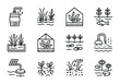 © Руслан Мельніков - Symbiotic Water Systems Icons. Outline icon set of symbiotic water systems: rainwater barrels, wetland filters