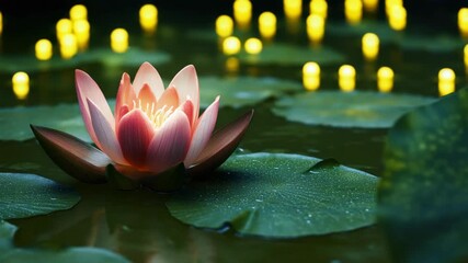 Wall Mural - glowing lotus flower floating in dimly lit water pond at night