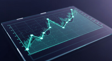 Glass screen displays teal line graph, showcasing data visualization, symbolizing growth, progress, and analytics for business or technological concepts