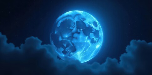 Wall Mural - Celestial blue supermoon radiates ethereal blue halo against inky black , lunar, deep blue, supermoon