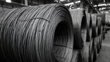 Tightly wound coils of dark metal wire in a warehouse setting