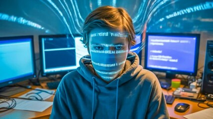 A young programmer sits intensely focused at his multi-monitor setup as streams of digital code and data flow through the air around him