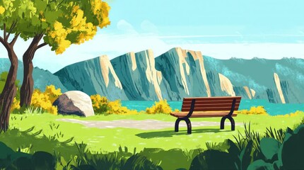 Wall Mural - A view of a bench with a view of escarpments in the afternoon. 4K animated video