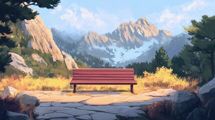 Wall Mural - A view of a bench with a view of mountains in the afternoon. 4K animated video
