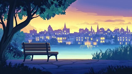 Wall Mural - A view of a bench with a view of a fantasy city and a river at dusk. 4K animated video