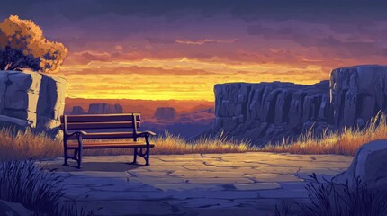 Wall Mural - A view of a bench with a view of escarpments in the evening. 4K animated video