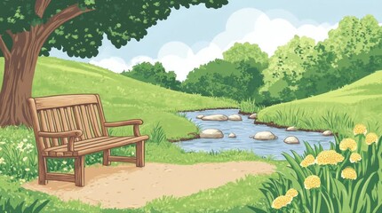 Wall Mural - A view of a bench with a view of a creek. 4K animated video