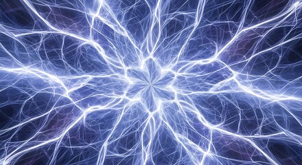 Wall Mural - abstract fractal lightning design with blue and white electric arcs radiating outwards symmetrically
