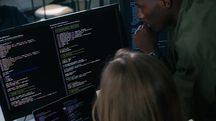 Software Development collaboration and Coding Software developer working together in tech office. Diverse Programmer discussion, development on machine learning and artificial intelligence coding app.