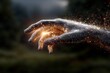 © STOCK AI - Mystical Hand Releasing Golden Particles into the Air Amidst a Blurred Natural Background