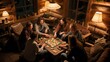 © Gao - Group of friends playing board games in a cozy cabin setting