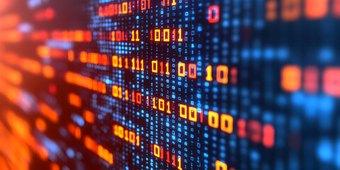 binary code matrix with glowing orange and blue numbers. digital data stream on a computer screen fo