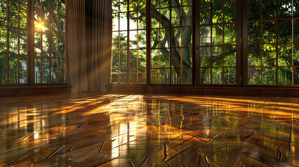 Wall Mural - Sunlit room with large windows showcases beautiful wooden floor reflecting warm light. surrounding greenery adds serene and peaceful atmosphere, perfect for relaxation