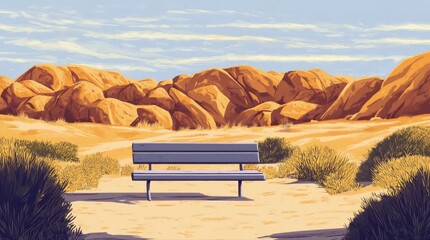 Wall Mural - A view of a bench with a view of rock hills in the afternoon. 4K animated video