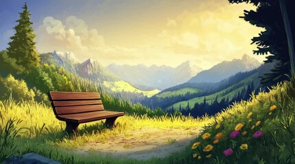 Wall Mural - A view of a bench with a view of a valley and mountains in the afternoon. 4K animated video