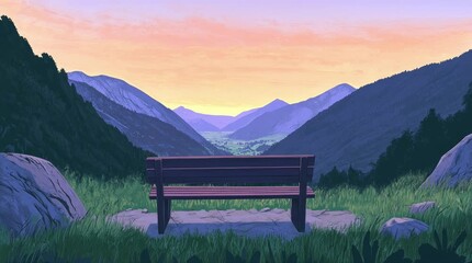 Wall Mural - A view of a bench with a view of a valley and mountains at dusk. 4K animated video