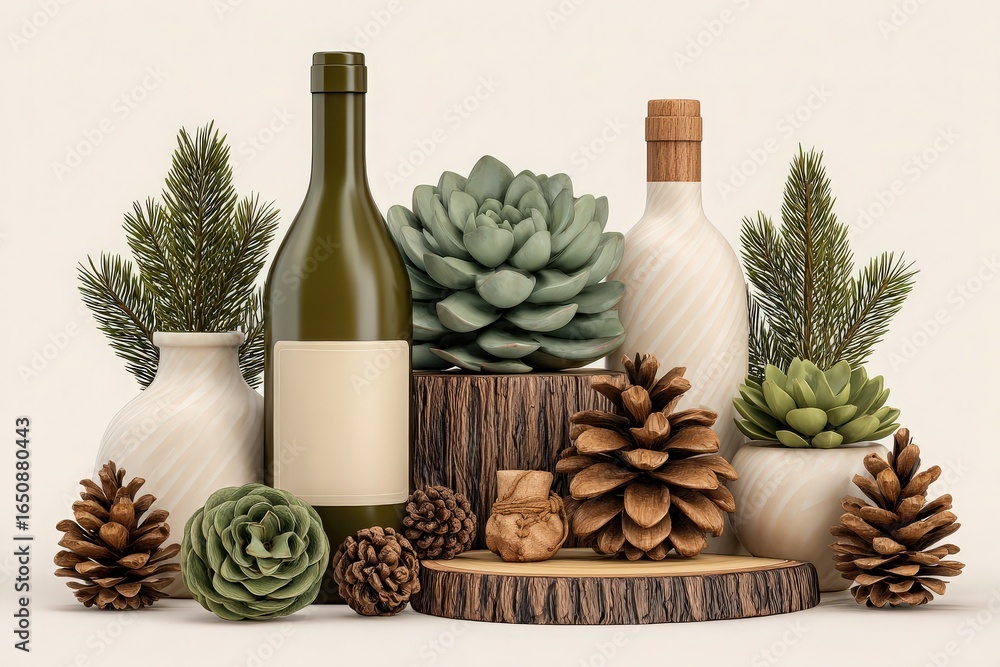 A decorative display featuring various succulents, pinecones, and ceramic bottles arranged on wooden slices. The neutral background enhances the natural elements and creates a serene ambiance.