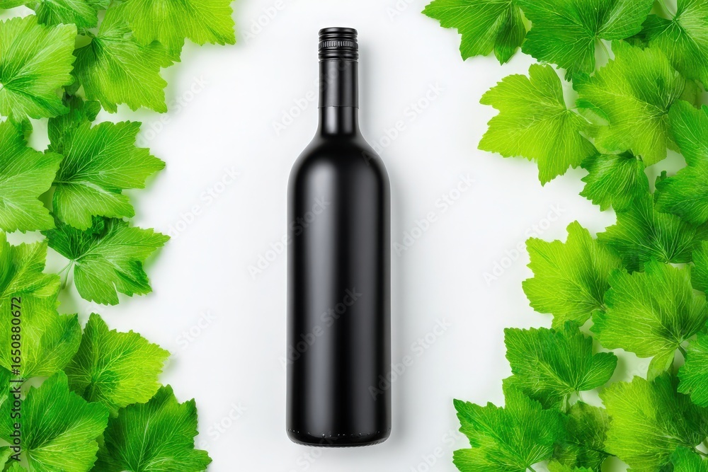 A sleek black wine bottle is positioned centrally on a white surface, elegantly framed by vibrant green leaves. The contrast highlights the bottles shape and emphasizes freshness.