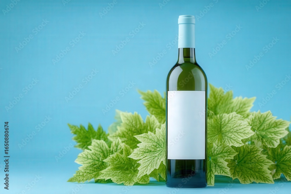 A wine bottle with a blank label stands upright amid vibrant green grape leaves. The background is a soft blue, creating a fresh and inviting atmosphere perfect for showcasing wine.