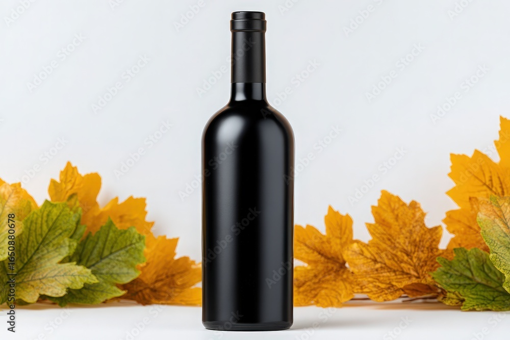 A sleek black wine bottle stands upright against a light background, framed by vibrant orange and yellow autumn leaves. The composition highlights the contrasting colors of the season.
