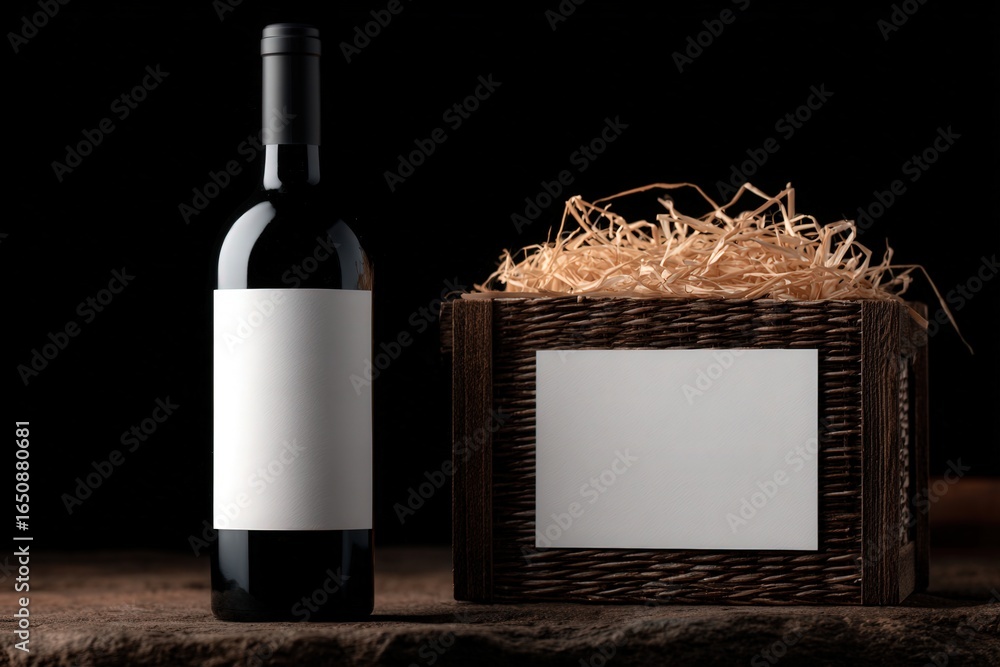 A sleek black wine bottle stands next to a wooden box filled with straw. The bottle features a blank label, suggesting a customizable or gift option. The dark background enhances the presentation.