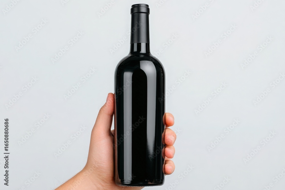 A person holds a sleek black bottle in one hand, emphasizing its modern design. The neutral backdrop enhances the bottles aesthetic appeal, making it a striking visual element.