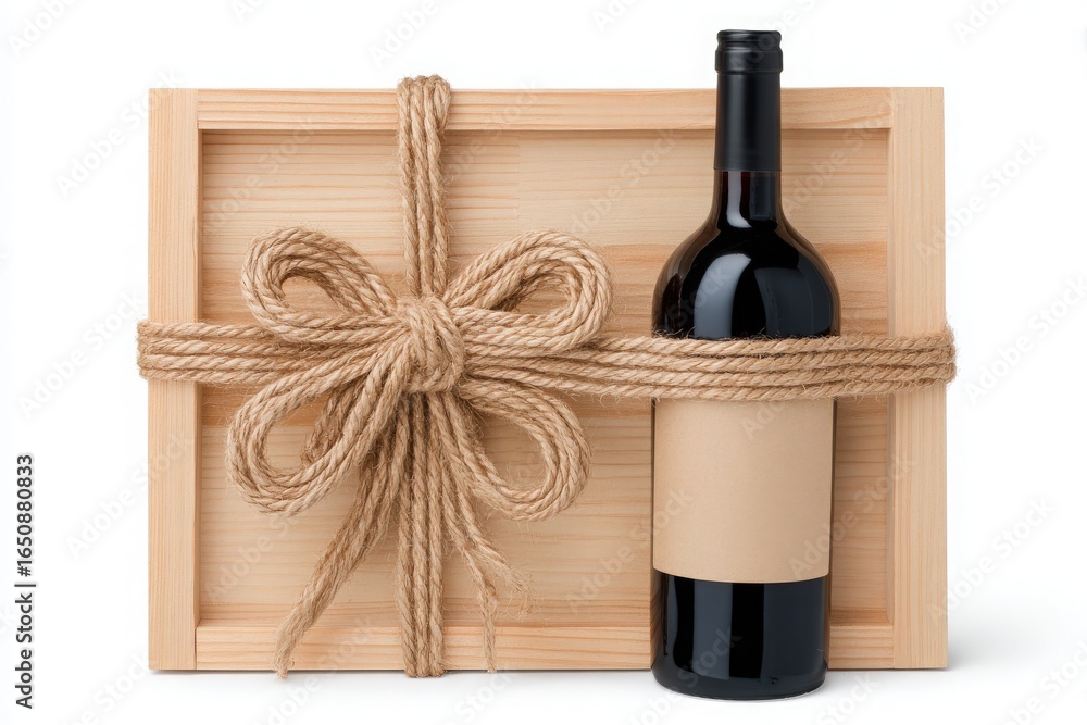 A beautifully crafted wooden box holds a wine bottle, securely tied with a rope bow. This setup is perfect for gifting on occasions like birthdays or celebrations.