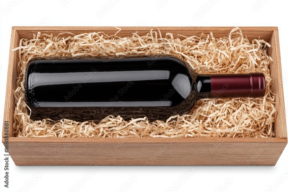 A luxurious red wine bottle is elegantly nestled in a rustic wooden gift box filled with straw. The bottle features a sleek, dark design and a classic cork top, perfect for gifting.