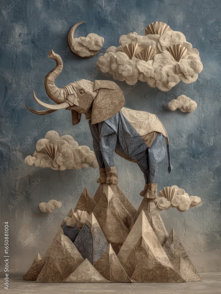 A paper elephant sculpture stands majestically on a mountain made of folded paper. The background features clouds and a crescent moon, combining elegance with artistry in a unique display.