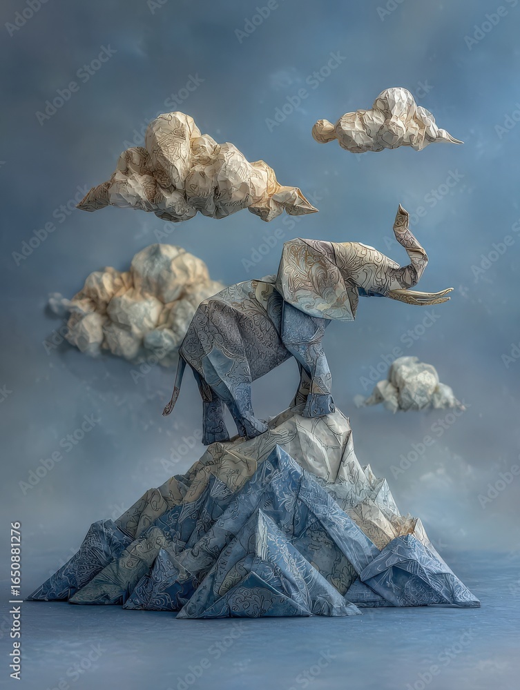 An origami elephant crafted from intricately patterned paper balances atop a stylized mountain made of folded material. Fluffy clouds float in the background, enhancing the artistic representation.