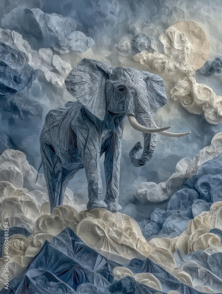 A blue elephant towers gracefully over fluffy clouds, illuminated by a soft moonlight. The textured clouds create a dreamlike atmosphere, enhancing the elegance of the scene at dusk.