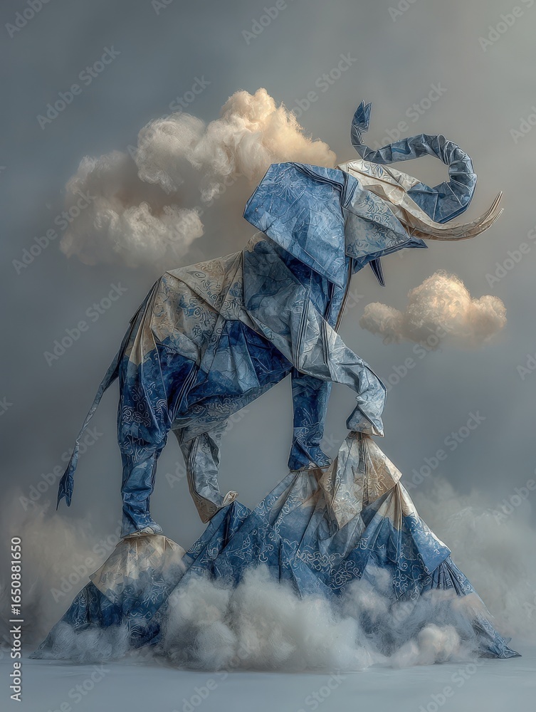 A striking origami elephant stands tall, created from patterned blue paper, displaying intricate folds. It rises from stylized mountains, surrounded by soft clouds, evoking a whimsical atmosphere.