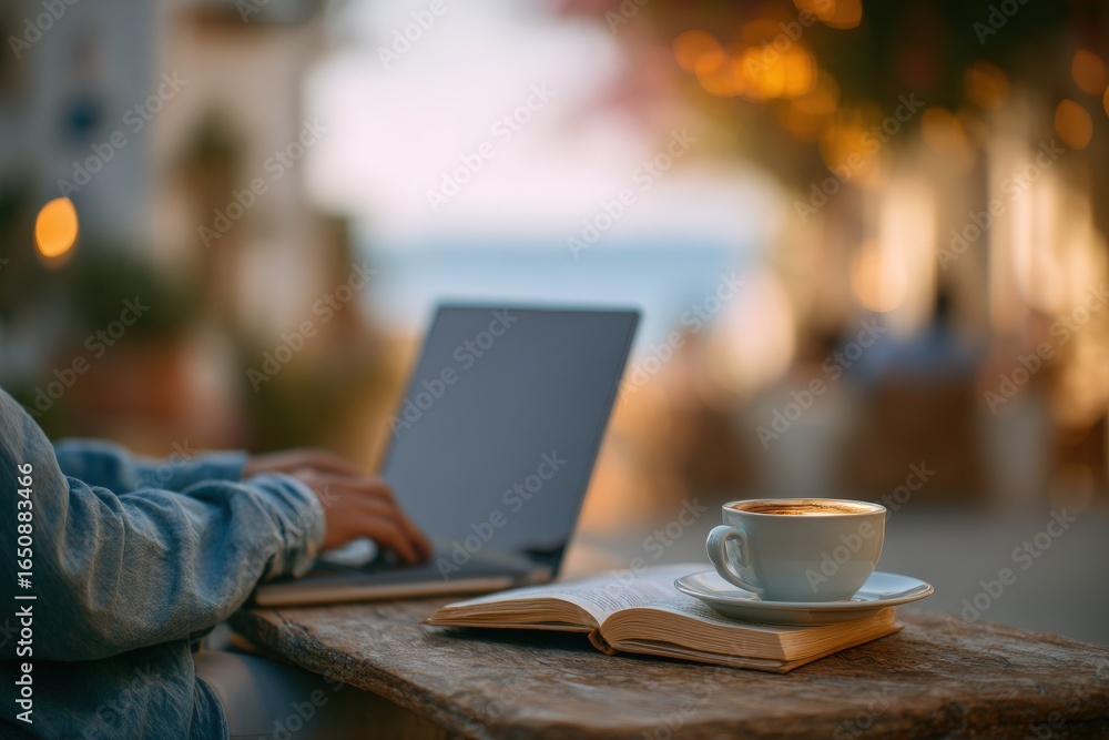 A person types on a laptop placed on a rustic wooden table beside an open book and a cup of coffee. The background features a blurred seaside view with warm sunset lighting.