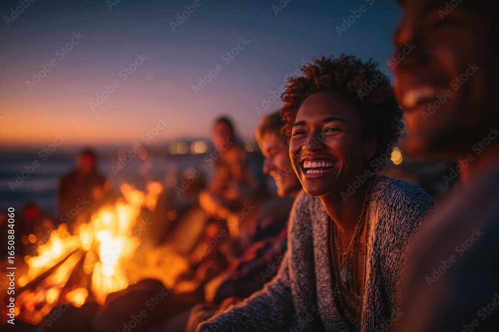 Friends gather around a vibrant bonfire on the beach, laughing and sharing stories as the sun sets, casting colorful reflections on the ocean waves, creating a joyful atmosphere.