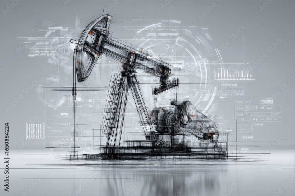A conceptual representation of an oil pump jack, enhanced with digital overlay graphics and data visualizations. This design combines traditional machinery with modern technology motifs.