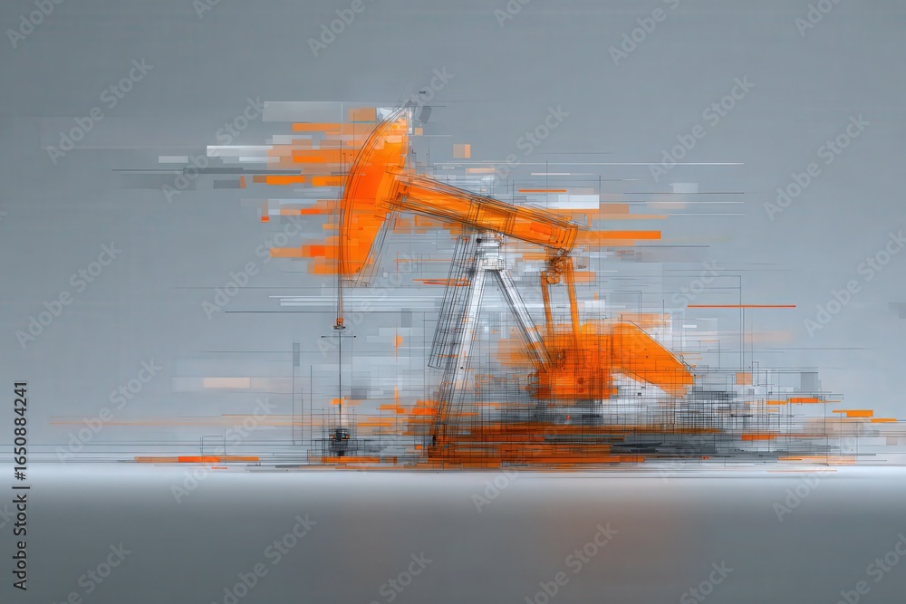 This artwork features an oil pump jack rendered in a digital style, with vibrant orange hues and abstract geometric shapes. The composition symbolizes energy extraction and technological innovation.